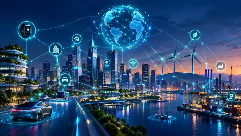 The Future of IoT: 8 Key Trends Shaping 2026 and Beyond 1 Illustration of the future of IoT with connected smart city, vehicles and sensors