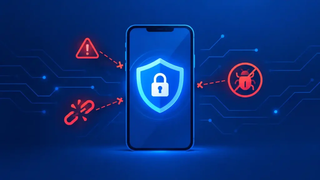 4 Mobile App Development Challenges Companies Still Face in 2026 1 Smartphone protected by a security shield, illustrating mobile app development security challenges