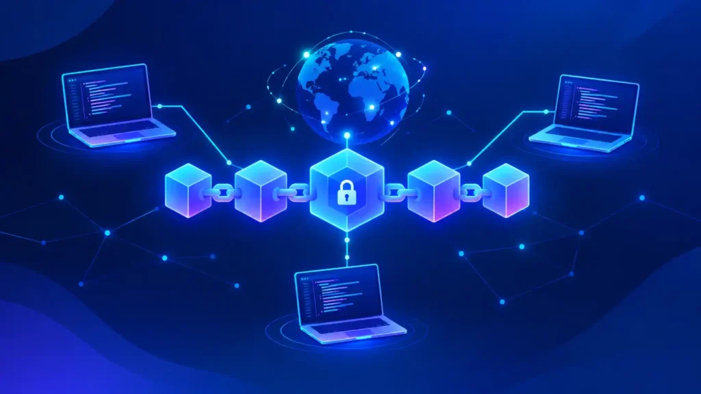 Remote developers connected to a blockchain network, illustrating reasons to hire remote blockchain developers