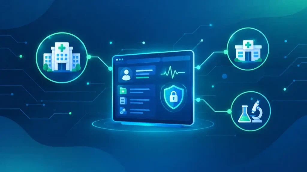Hospital, clinic and laboratory connected by a secure HMIS dashboard, showing the significance of HMIS solutions for KSA