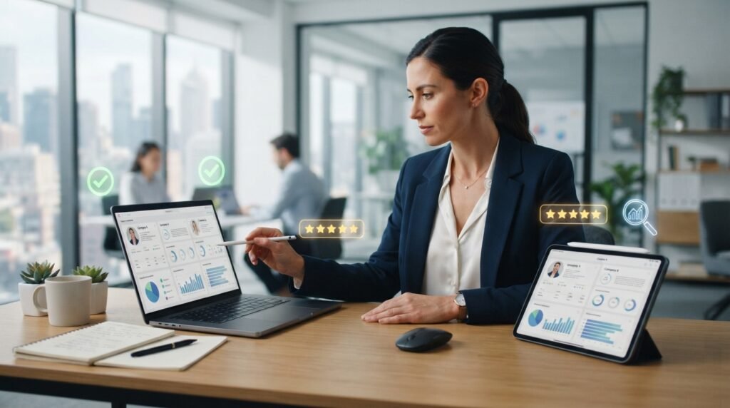 Top-Rated Mobile App Testing Companies That Will Rule 2026 1 Business professional comparing mobile app testing companies on laptop and tablet, evaluating QA services with checklist and rating icons
