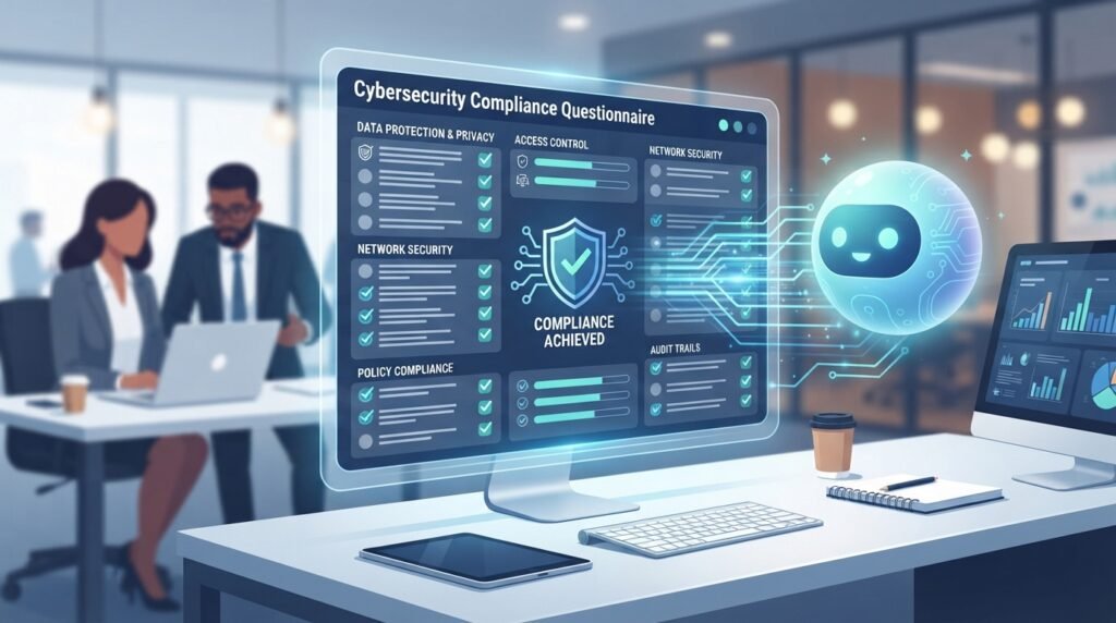 AI agent assisting security team with real-time compliance questionnaire on digital dashboard