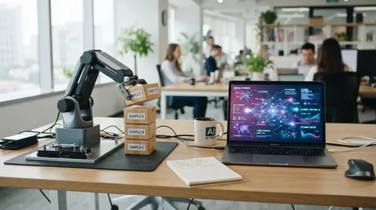 AI Agents vs RPA comparison showing a robotic arm on a fixed workflow beside an AI system analyzing data