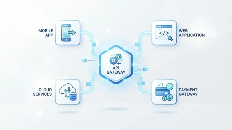 API security illustration showing interconnected mobile, web, and cloud applications linked through a secure central API hub