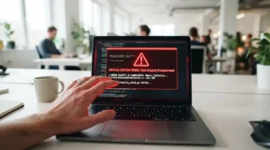 Laptop screen glowing with a red warning alert during a botnet attack, symbolizing a compromised device