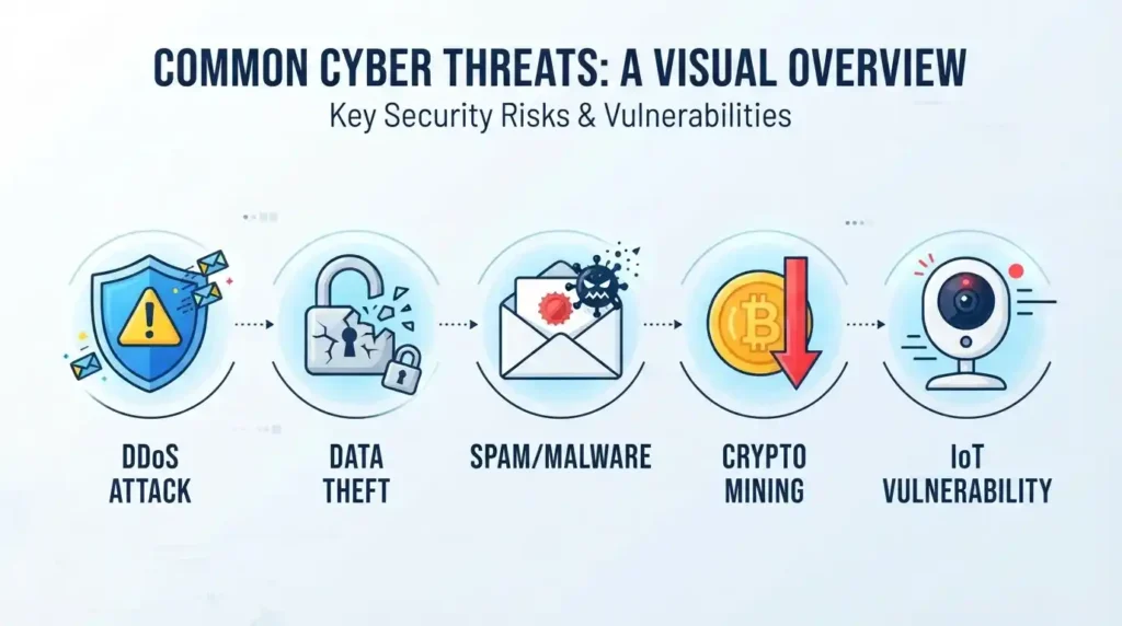 Botnet Attack: How It Works, How to Detect It, and How to Stop It 2 Infographic icons showing common botnet attack types including DDoS, data theft, spam, crypto mining, and IoT compromise