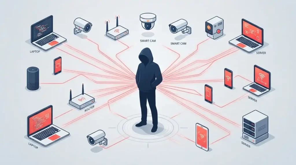 Botnet Attack: How It Works, How to Detect It, and How to Stop It 1 Illustration of a hacker controlling a network of infected zombie computers, routers, and cameras during a botnet attack