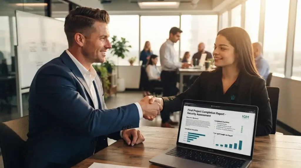 Business executive interviewing cybersecurity provider reviewing certifications