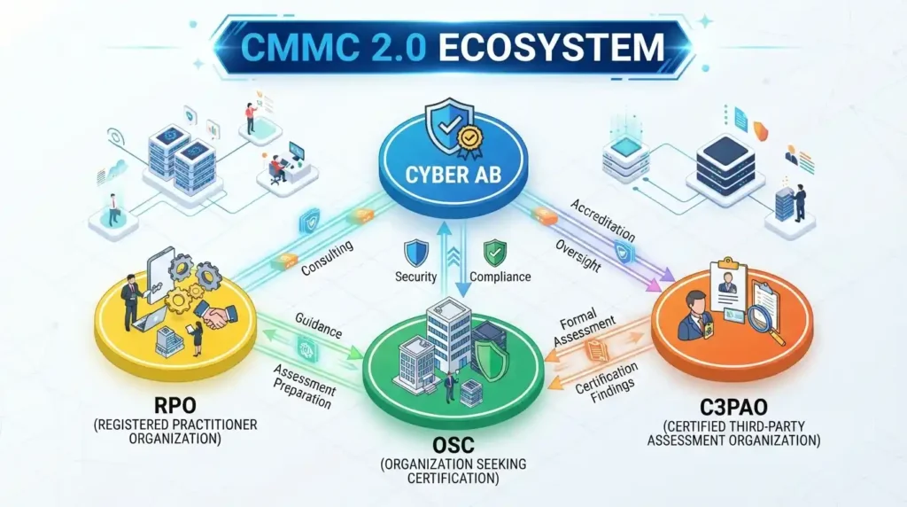 Diagram mapping the CMMC 2.0 ecosystem including OSC, RPO, C3PAO, and Cyber AB.