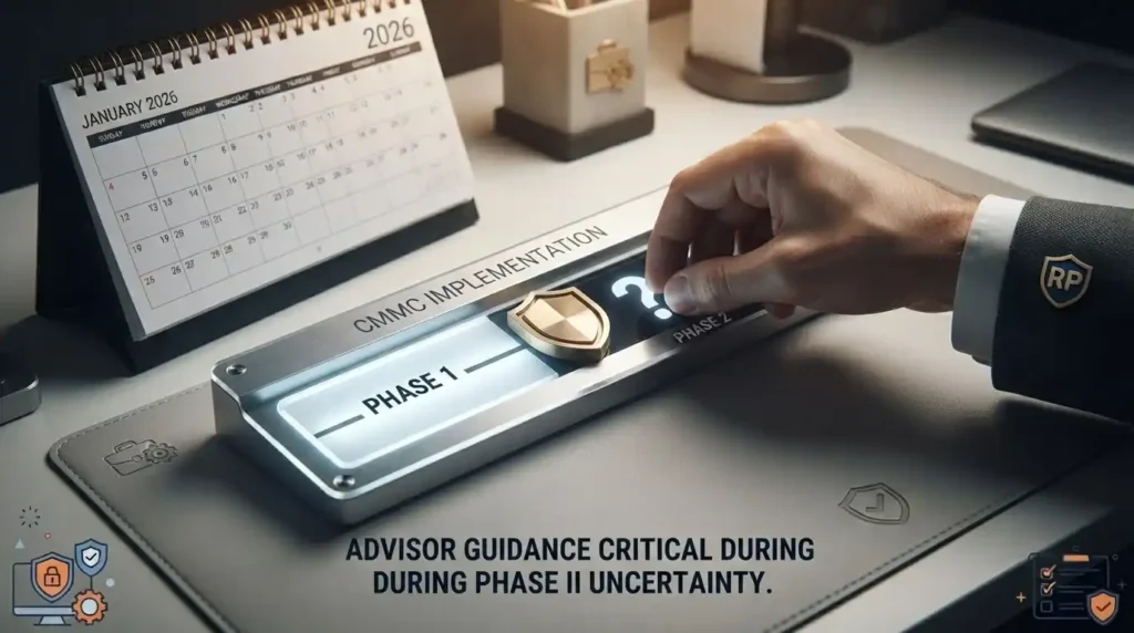 A 2026 desk calendar alongside an illuminated implementation timeline showing Phase 1 and Phase 2 requirements.