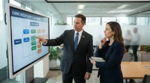 A CMMC Registered Practitioner explaining a compliance roadmap on a touchscreen monitor to an OSC executive.