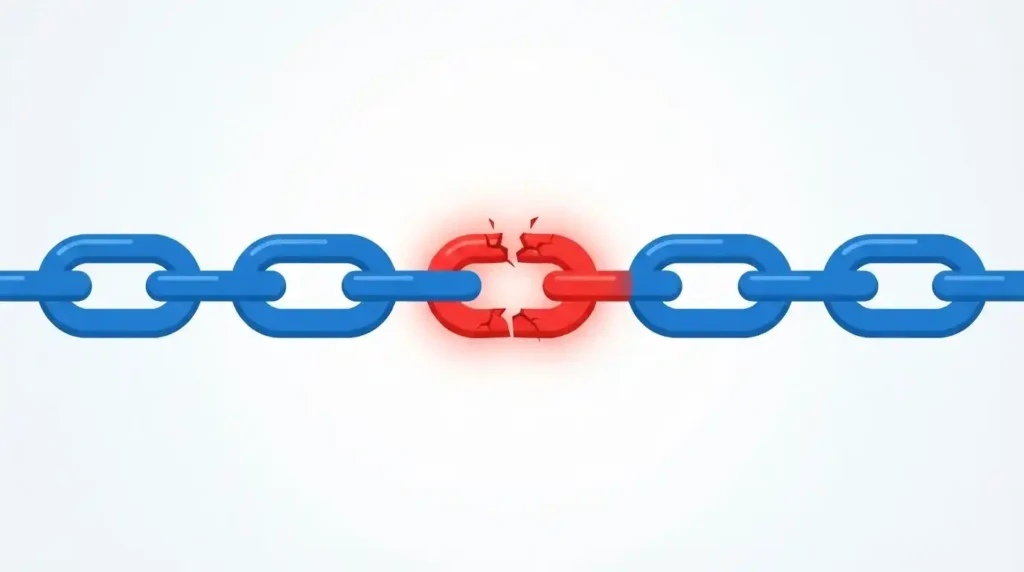 Illustration of a chain with one cracked weak link among strong links, symbolizing common API security vulnerabilities