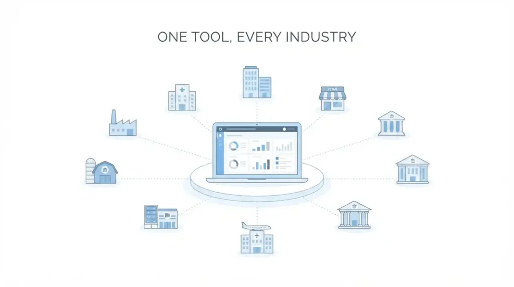 Illustration of horizontal SaaS as one software tool connected to multiple industries and business types
