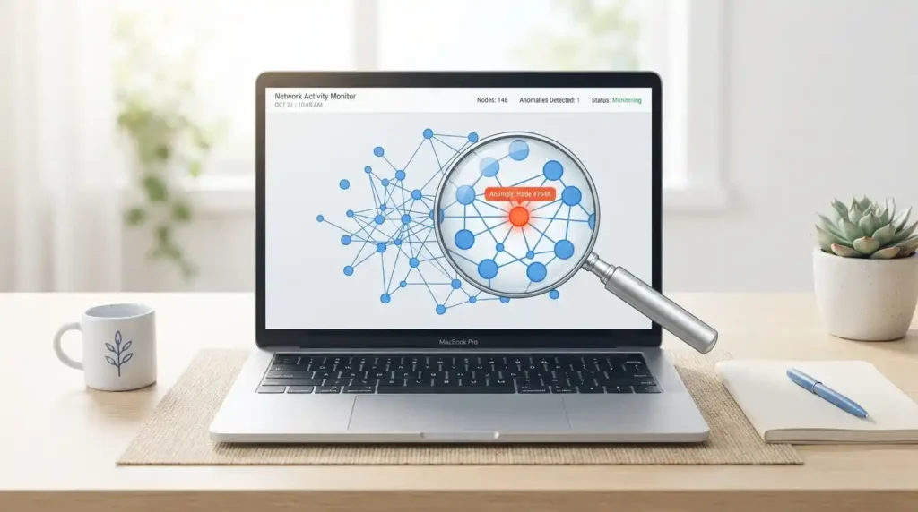 Botnet Attack: How It Works, How to Detect It, and How to Stop It 3 Magnifying glass analyzing a network graph on a laptop screen to detect signs of a botnet infection