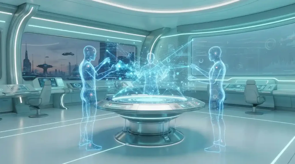 Diverse team untangling complex digital workflows on a smart table to overcome hyperautomation implementation challenges.