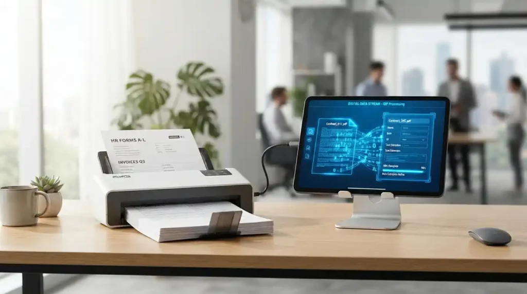 Holographic AI agents collaborating around a table demonstrating 2026 hyperautomation trends and autonomous workflow orchestration