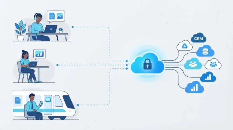 Identity and access management hub connecting employees, contractors, admins, and service accounts to a central security control point