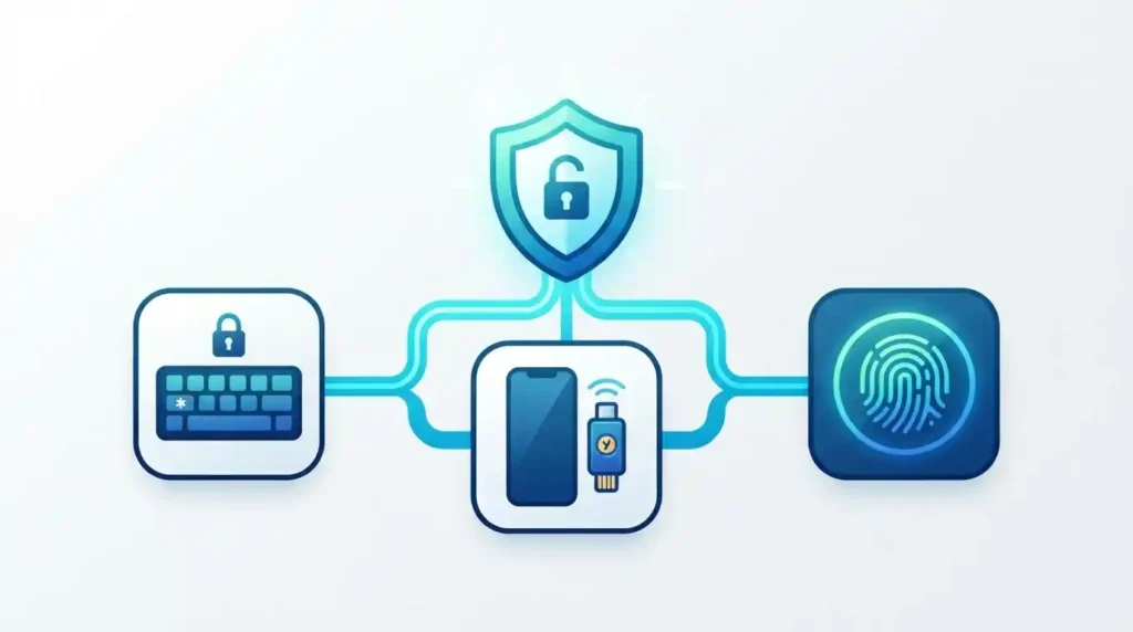 Identity and Access Management: A Practical Guide for Modern Enterprises 3 Three multi-factor authentication elements — password, security key, and biometric fingerprint — combining to unlock secure access
