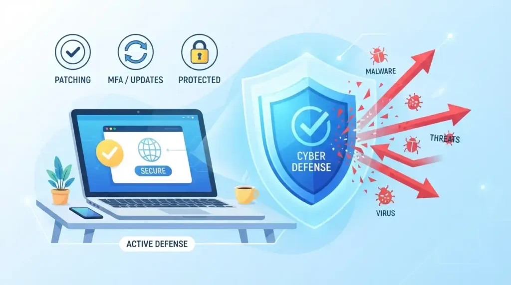 Botnet Attack: How It Works, How to Detect It, and How to Stop It 4 Shield icon blocking malware threats from a laptop, representing steps to prevent botnet attacks