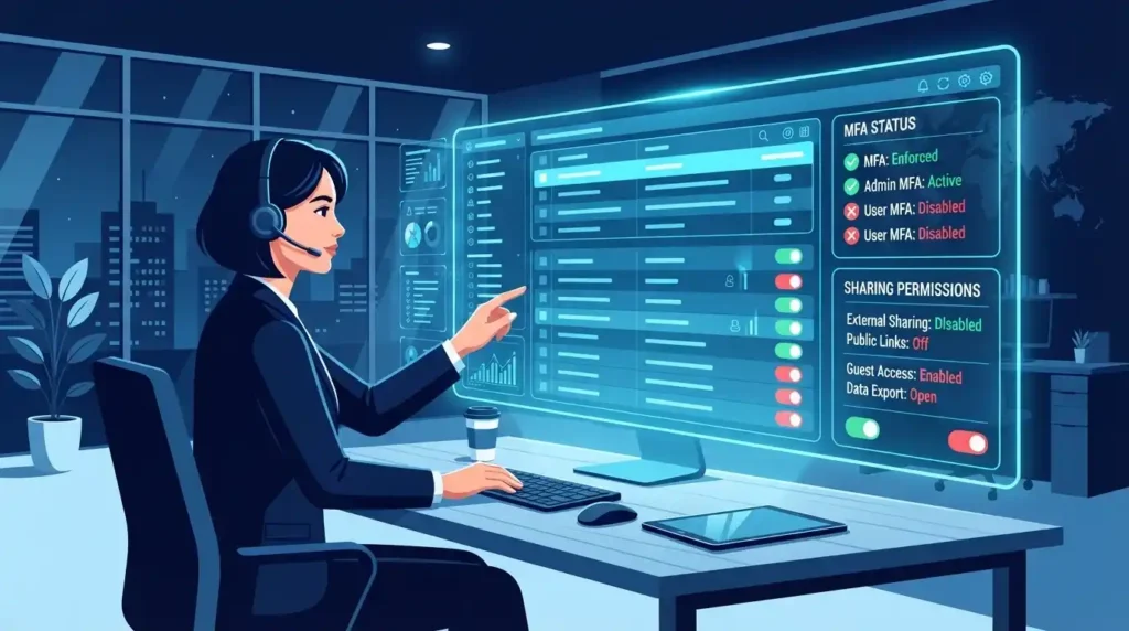 Security team reviewing a SaaS misconfiguration management checklist on a monitoring dashboard
