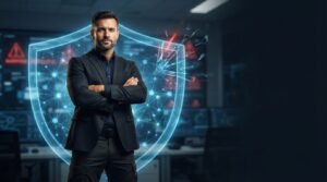 Security professional defending autonomous AI system with digital shield, agentic AI security 2026