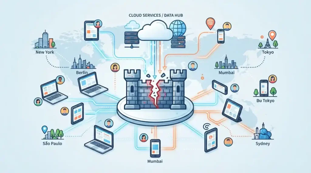 Zero Trust Security: A Practical Guide for Modern Enterprises 2 Broken perimeter wall with connected devices illustrating why traditional network security is no longer enough