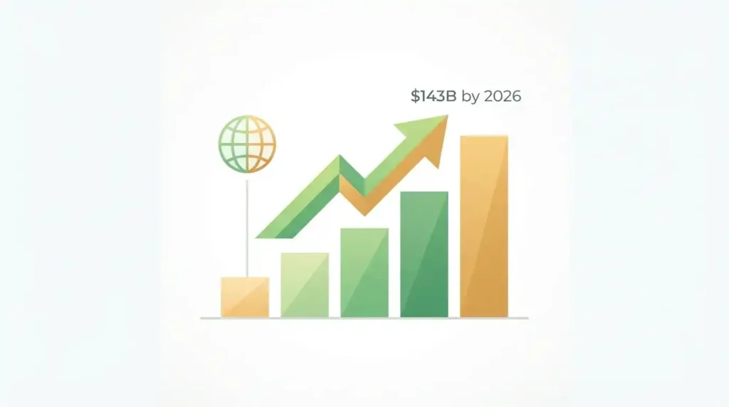 Growth chart illustration showing the vertical SaaS market size reaching $143 billion by 2026