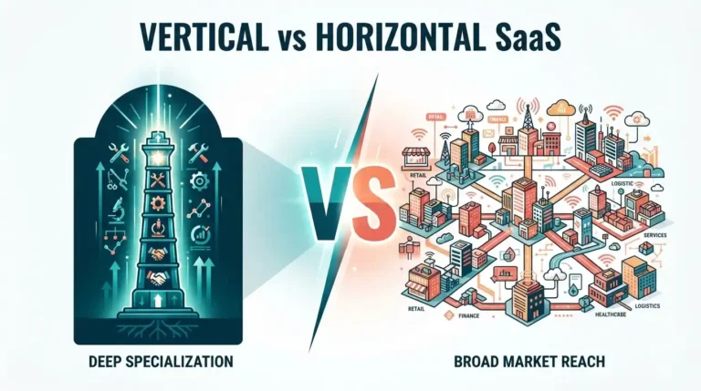 Featured image comparing vertical SaaS and horizontal SaaS business models in 2026, showing a tall focused industry tower on one side versus a wide connected network of multiple industries on the other, illustrating the difference between niche-focused and broad-market software platforms