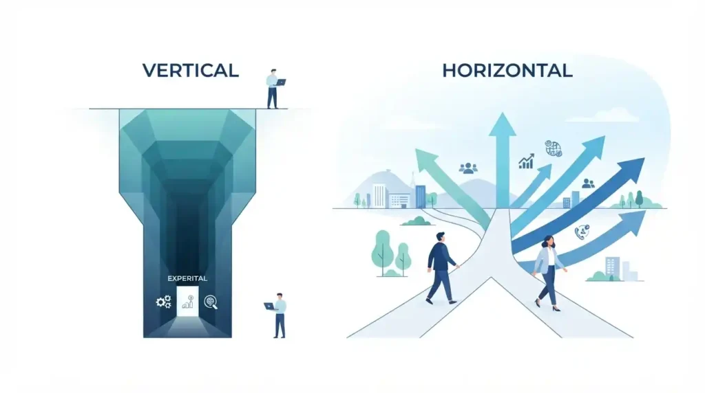 Vertical SaaS vs horizontal SaaS comparison illustration showing industry-focused depth versus broad market reach