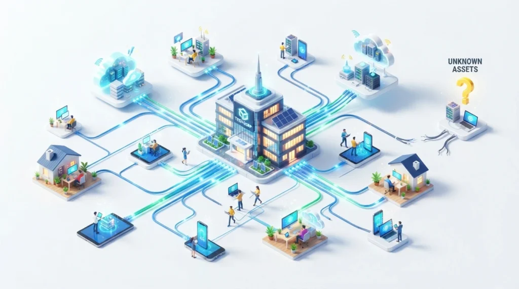 External Attack Surface Management (EASM): How Organizations Can Identify and Reduce Cyber Exposure in 2026 4 3D professional glassmorphism illustration comparing internal firewall scanning UI with external radar domain discovery.