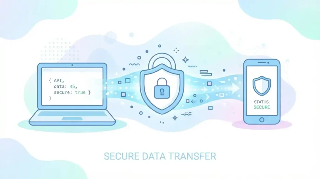 Padlock shield icon protecting data stream between two connected devices, representing API security fundamentals