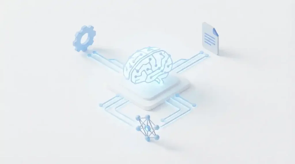 Minimalist vector diagram illustrating hyperautomation connecting artificial intelligence, robotic process automation, and intelligent document processing on a clean white background.
