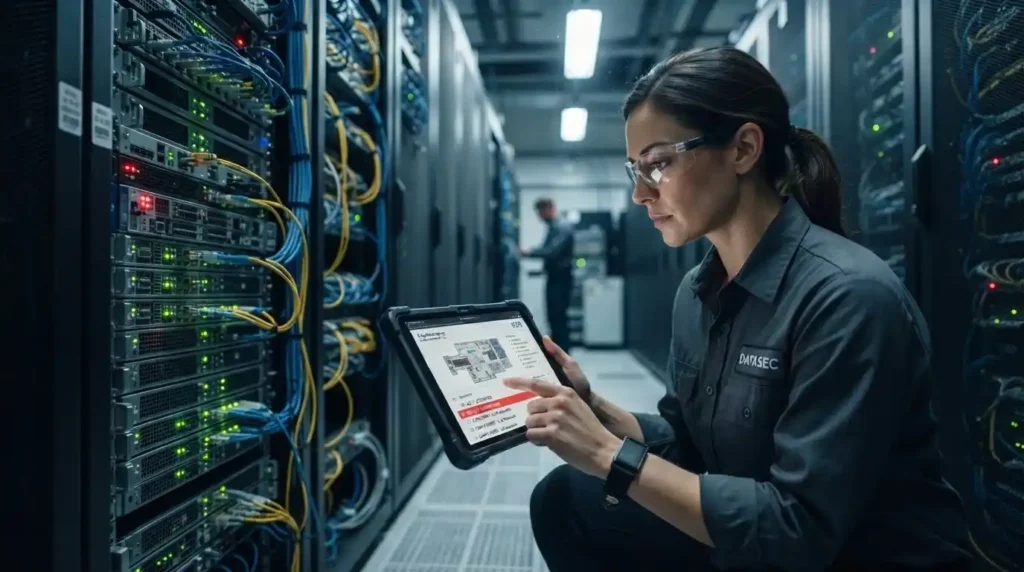 Cybersecurity analyst reviewing network security assessment results on multiple monitors