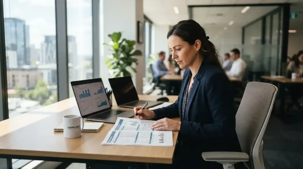 Microsoft SSPA Reassessment Process: A Complete Compliance Guide 1 Compliance officer reviewing Microsoft SSPA reassessment documents and data protection requirements on laptop in office
