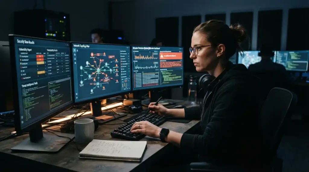 Security operations center team monitoring cyber threat alerts and security dashboards