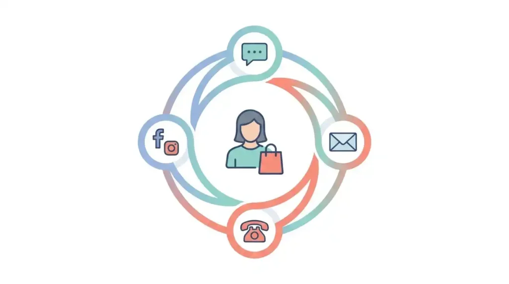 Customer icon connected to chat, email, phone, and social media channels