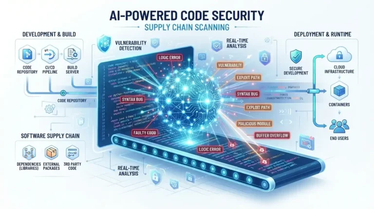 Modern digital infographic illustrating autonomous vulnerability discovery where an AI neural network scans code for zero-day vulnerabilities on a light background.