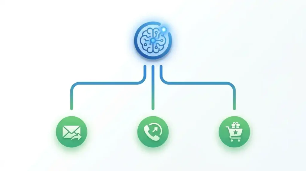 Growth chart with phone, chat, and email icons showing CX automation around a customer