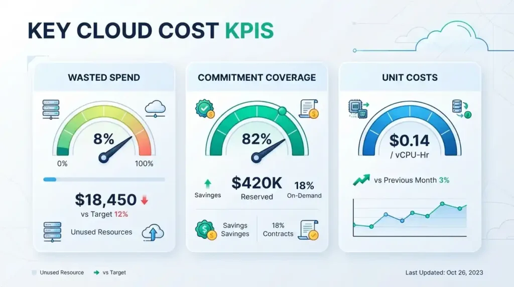 Analytical KPI dashboard showing key metrics for cloud cost optimization, waste reduction, and commitment coverage.