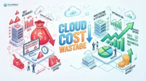 Cloud cost optimization infographic showing server resource wastage versus optimized budget growth.