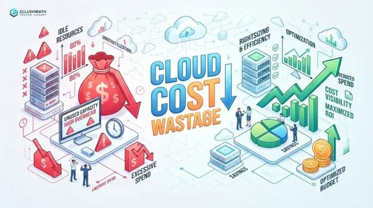 Cloud cost optimization infographic showing server resource wastage versus optimized budget growth.
