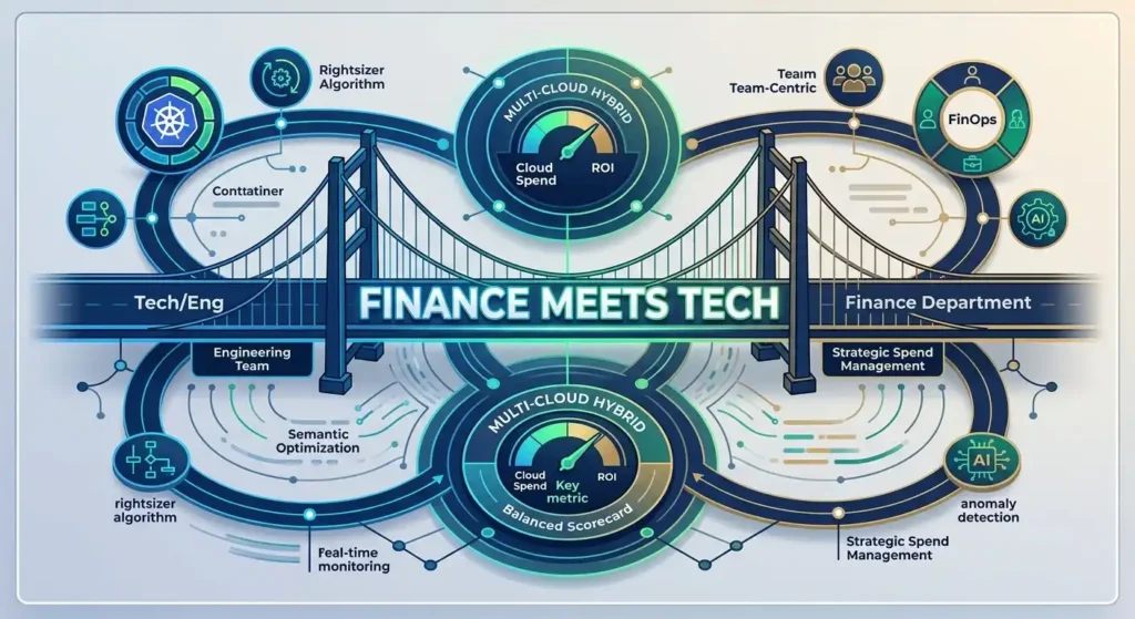 Infographic representing cloud spend management alignment between engineering teams and financial leadership.