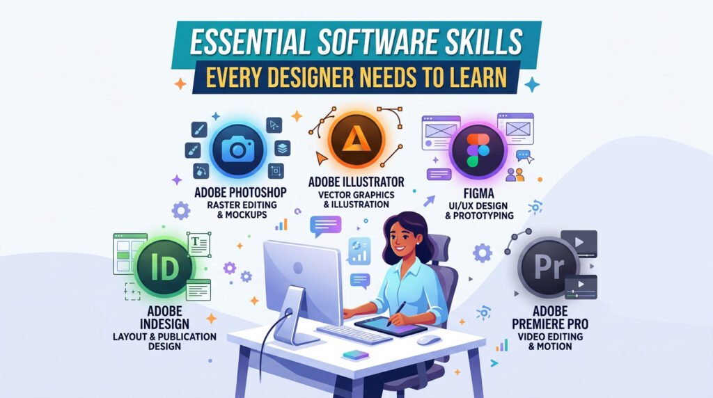 Graphic listing Photoshop, Essential Software Skills Every Designer Needs to Learn