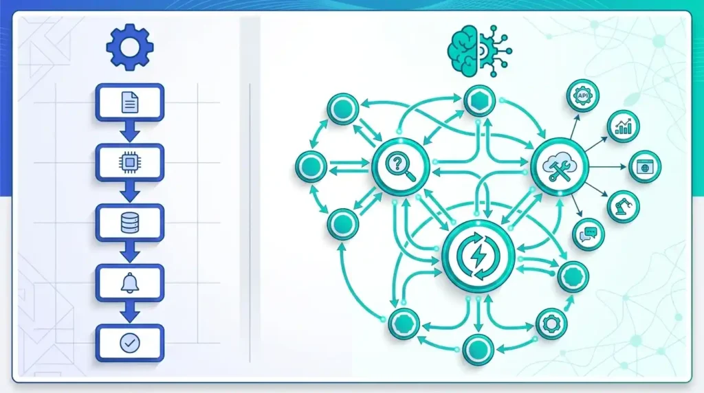 AI Agent Development Company: Enterprise Guide to Establishing Autonomous Solutions 1 Structured technical diagram comparing traditional automation workflows with goal-driven agentic AI systems on a clean light background.
