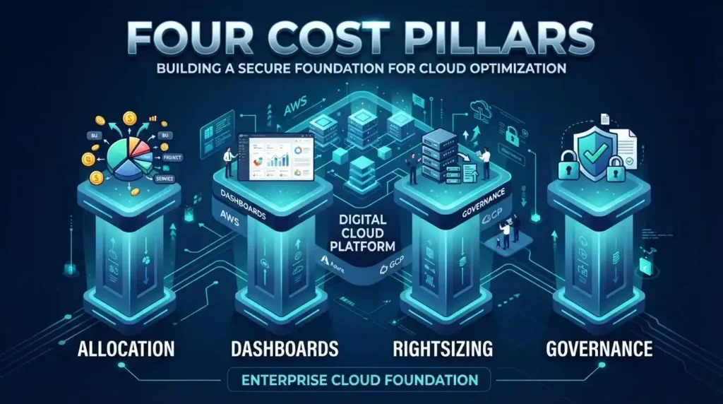 Infographic displaying the four core pillars of cloud cost management including tagging, visibility, rightsizing, and governance.