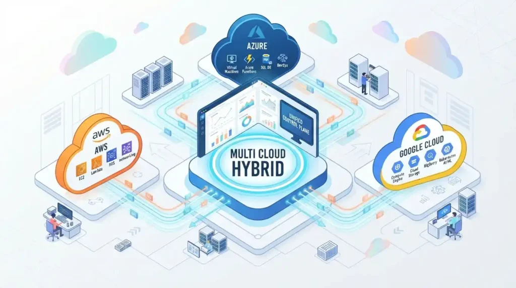 Multi-cloud cost optimization architecture diagram connecting AWS, Azure, and Google Cloud environments.