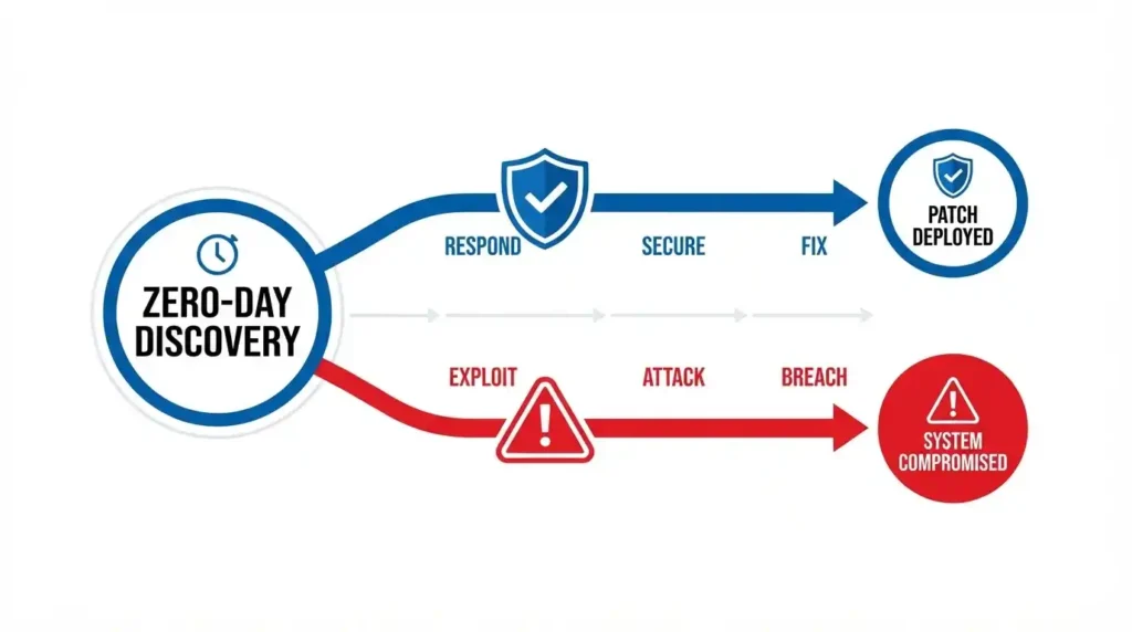 Infographic timeline showing the race between security patches and the risks of AI finding zero-days before patches exist.