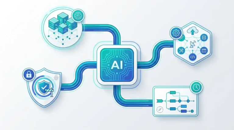 Structured enterprise AI agent architecture diagram showing reasoning engine, tool calling, and vector memory on a clean white background.