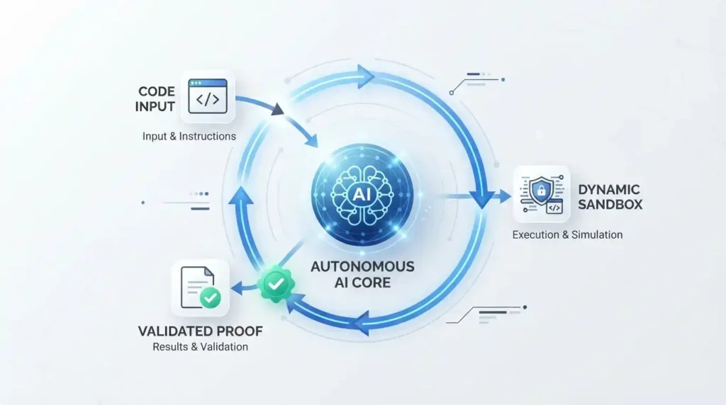 Conceptual vector infographic explaining what is autonomous vulnerability discovery using an AI engine and code analysis factory icons.