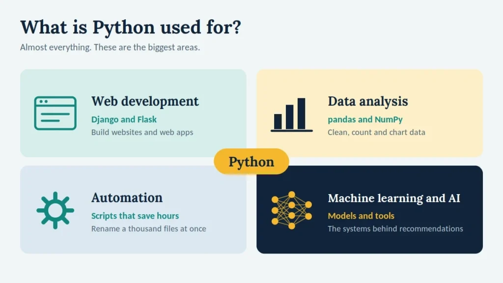 Python Tutorial for Beginners: Learn Python in 7 Days 1 Four main uses of Python: web development, data analysis, automation, and machine learning and AI